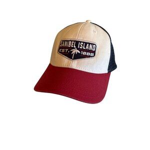 Ouray Sportswear Sanibel Island 1888 Trucker Hat Beige/Red Mesh Back Adjustable